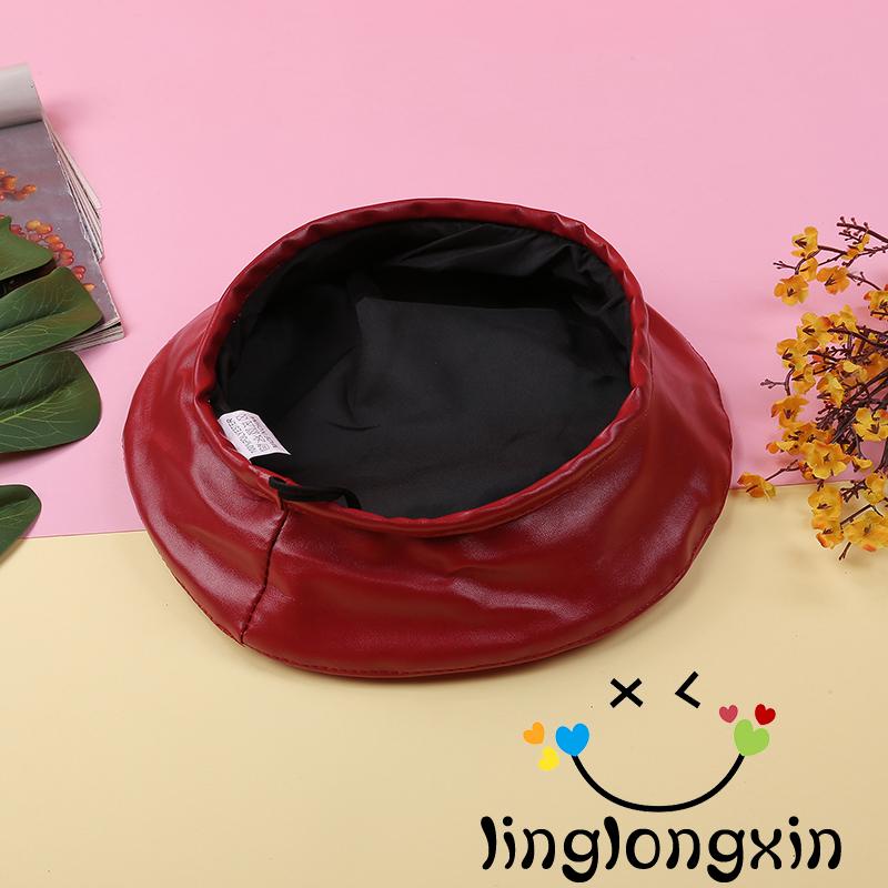 Mũ beret da mỏng tròn phối dây rút thời trang xuân thu cho nữ