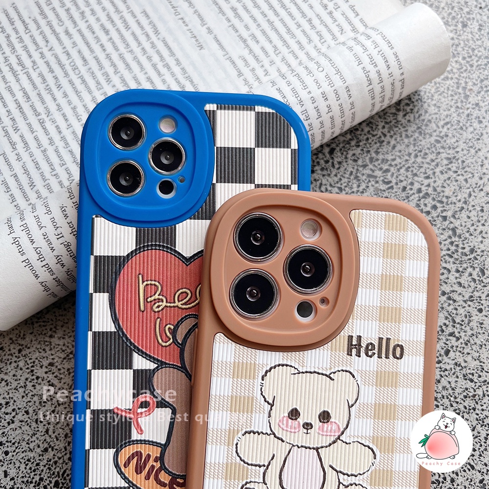 Ốp điện thoại TPU mềm phối da họa tiết sọc caro hình gấu cho IPhone 13 12 11 Pro Max X Xs Max XR 7 8 Plus 12pro