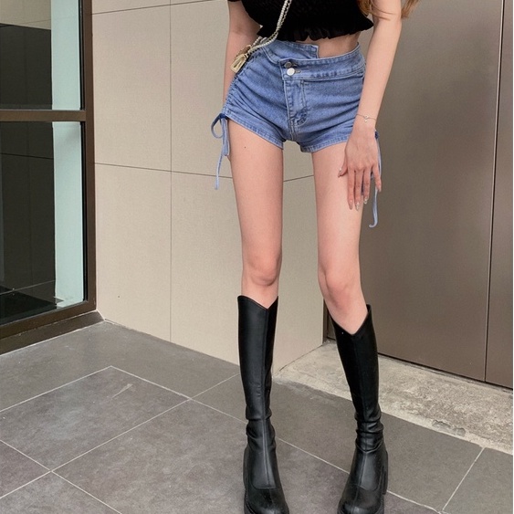 Quần Short Denim Lưng Cao Thiết Kế Dây Rút Phong Cách Trung Hoa Thời Trang Mùa Hè Mới