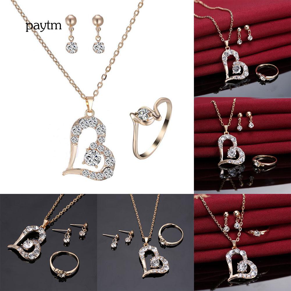 Bộ Vòng cổ + Nhẫn + Đôi Bông Tai Hình Trái Tim Đính Đá Thời Trang Dành Cho Nữ