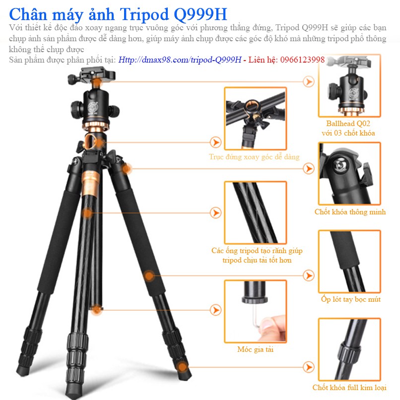 Chân máy ảnh Tripod Q999H bản trục đứng vuông góc