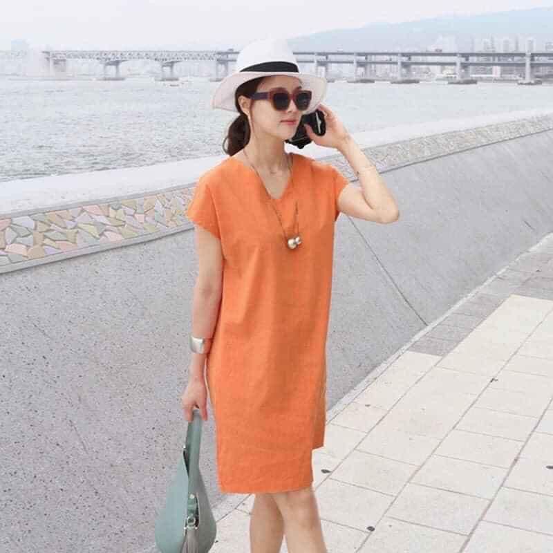 Đầm linen màu cà rốt cổ tim đủ size từ S đến XL 45-63kg.