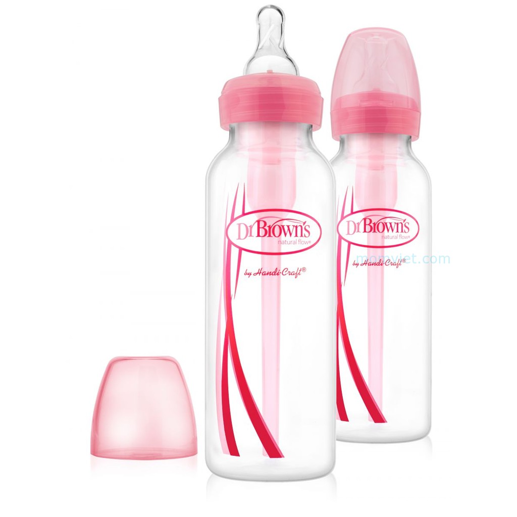 Combo 02 bình sữa Dr Brown's cổ thường tùy chọn 250ml nhựa PP-Hồng
