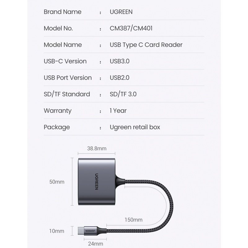 Ugreen Đầu Đọc Thẻ Nhớ USB SD Micro SD TF Cho Laptop