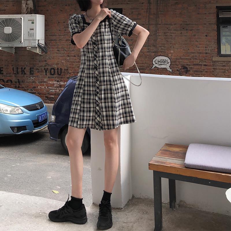 Váy Nữ New Korean Dress Square Collar A-line Short Sleeve Dress