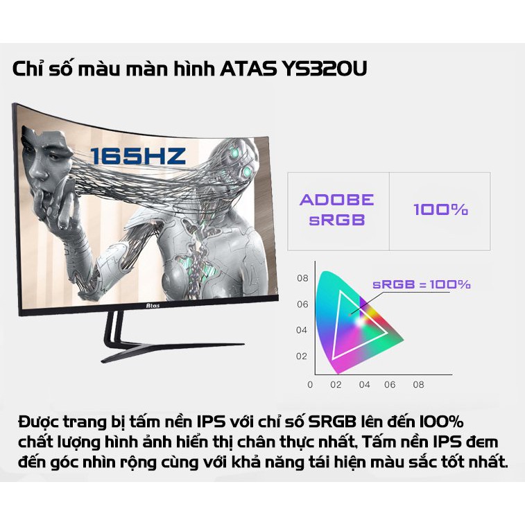 Màn hình 32 inch cong ATAS YS320Q chuyên game - Tần số quét 165Hz - Tấm nền IPS - Độ phân giải 2K - Phiên bản 2021