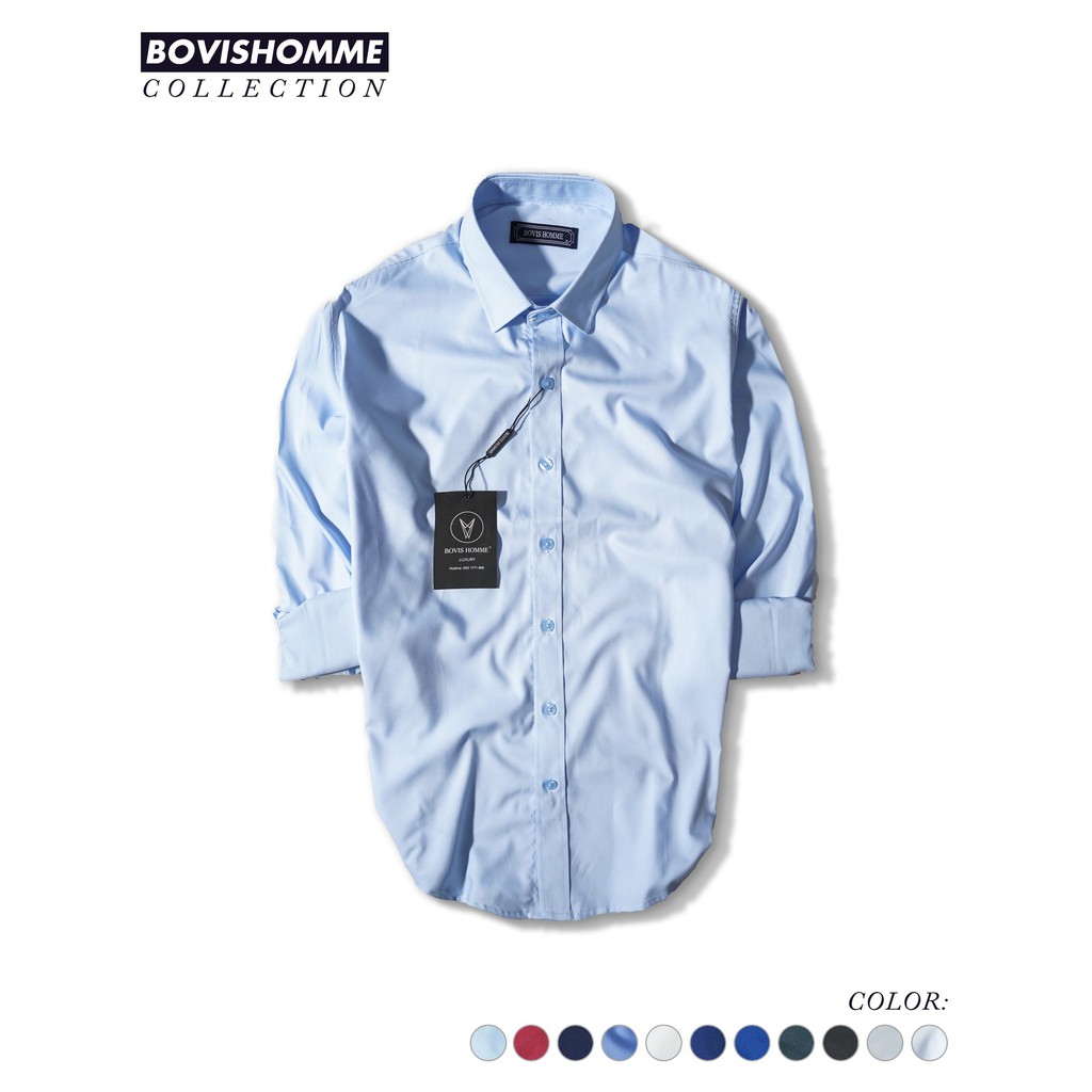 Áo sơ mi nam Bovis Homme tay dài SD006, màu xanh dương nhạt, Form slim, chất liệu modal, mặt vải mềm mượt, thoáng mát