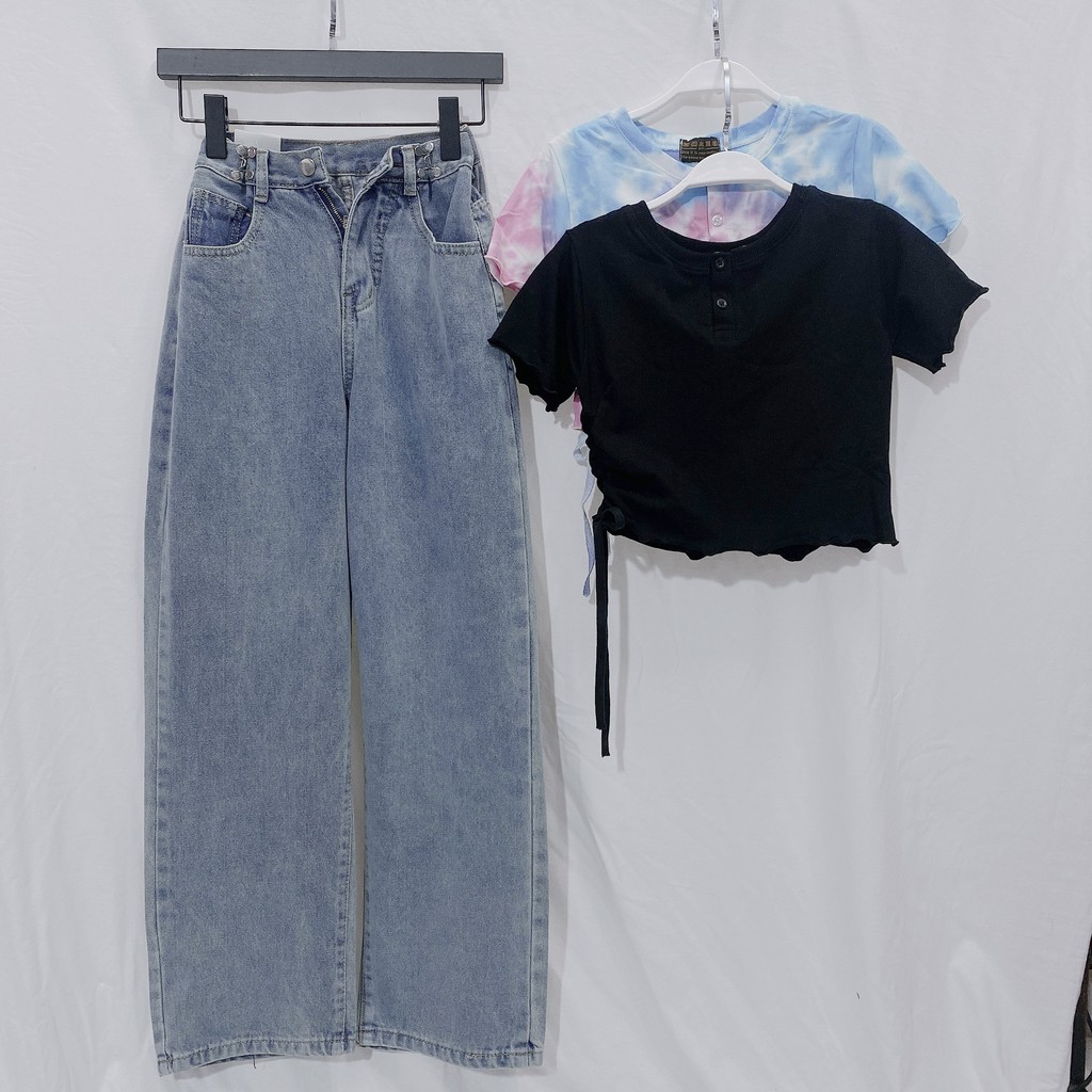 Quần Jean ống rộng YAYSHOP phong cách Uzzang họa tiết cài eo chất dày dặn tôn dáng