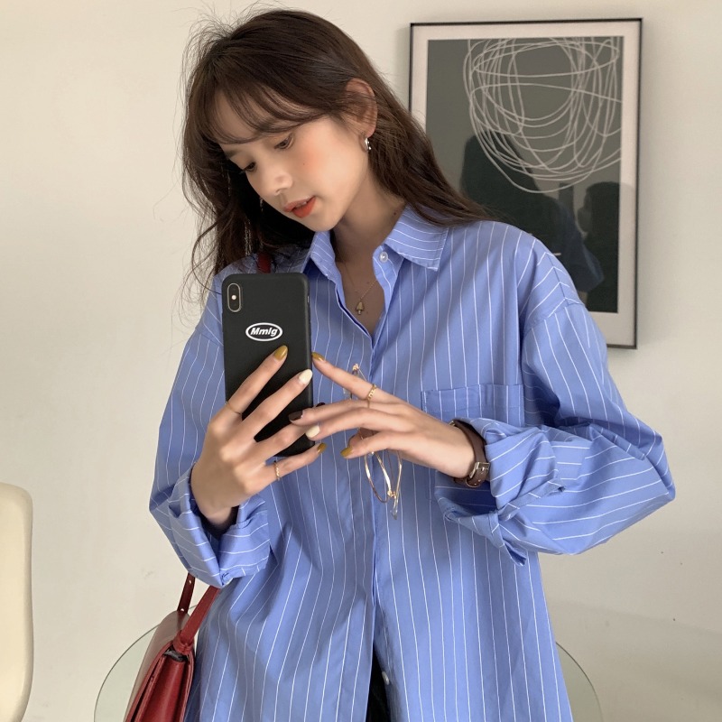 Áo sơ mi tay dài dáng rộng họa tiết kẻ sọc thời trang trẻ trung cho phái nữ