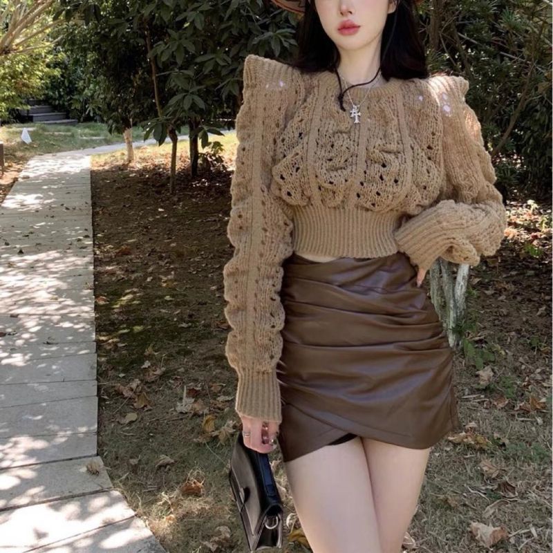 Áo Sweater Dệt Kim Tay Phồng Cổ Tròn Màu Trơn Thời Trang Mùa Thu Phong Cách Pháp Mới