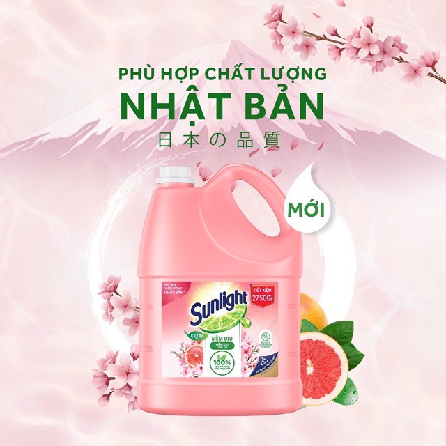 Nước rửa chén Sunlight Mềm dịu hương Bưởi Tây &amp; Hoa Anh Đào chai 3.6kg