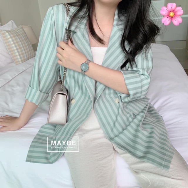 Áo vest blazers kẻ xanh(kèm video,ảnh thật)