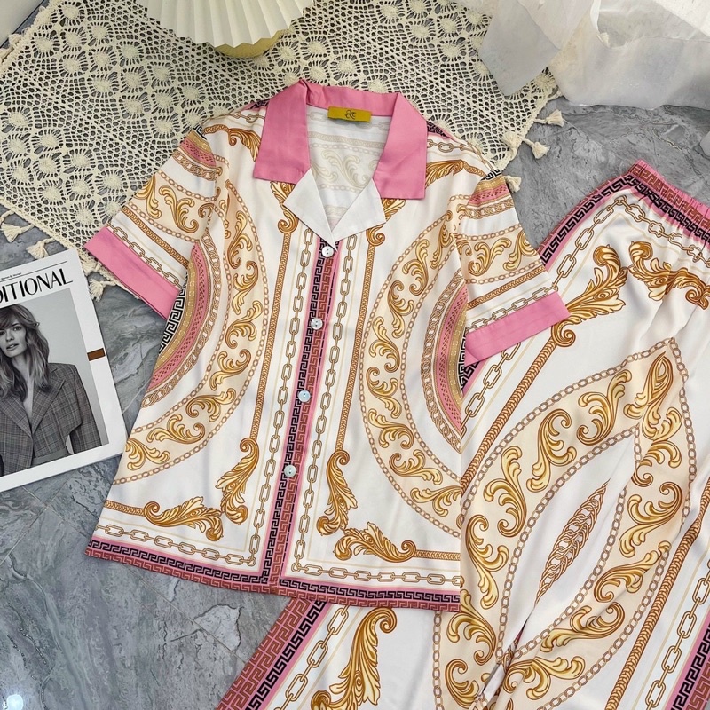 bộ ngủ mặc nhà pijama lụa mịn cao cấp Quảng Châu tay ngắn trà vàng