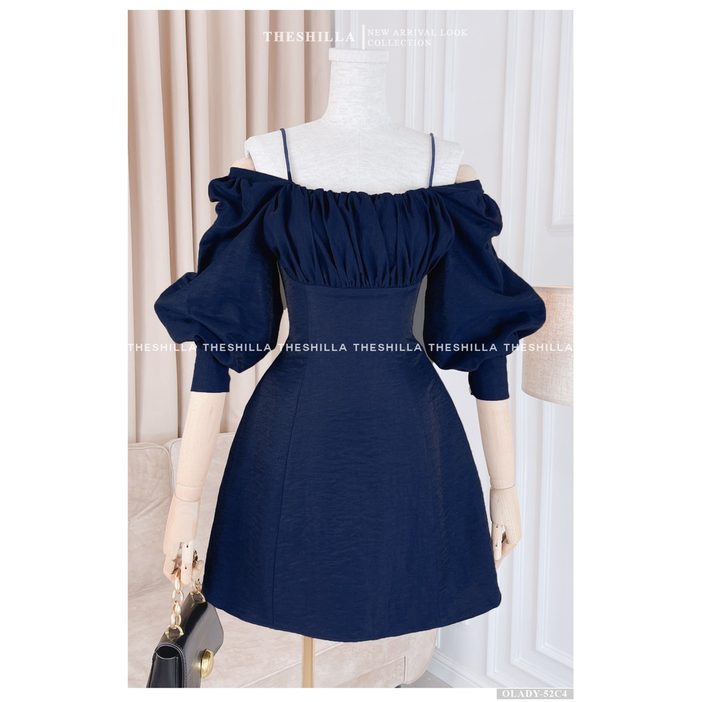 Váy thiết kế cao cấp màu xanh đen ngực nhún dây vai mặc 2 kiểu  [ Có video + Ảnh thật ] The Shilla - Olady-52C4