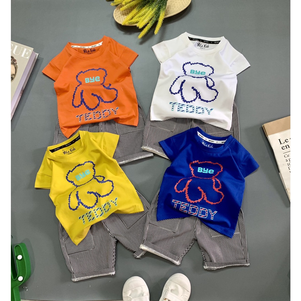 Set bộ quần áo bé trai Áo thun cotton 100% co giản 4 chiều in hình gấu Quần kaki thun họa tiết sọc co giản cho bé từ đkg