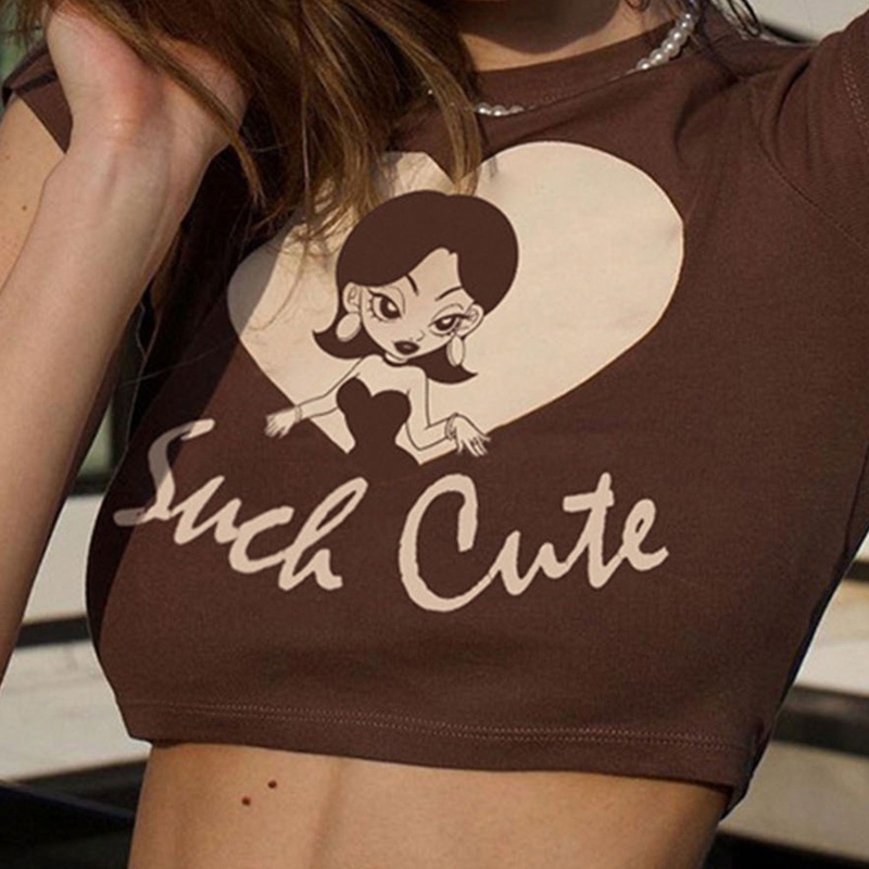 Áo Thun Tay Ngắn Dáng Ôm In Họa Tiết Hoạt Hình Phong Cách Vintage Thời Trang Mùa Hè Cho Nữ