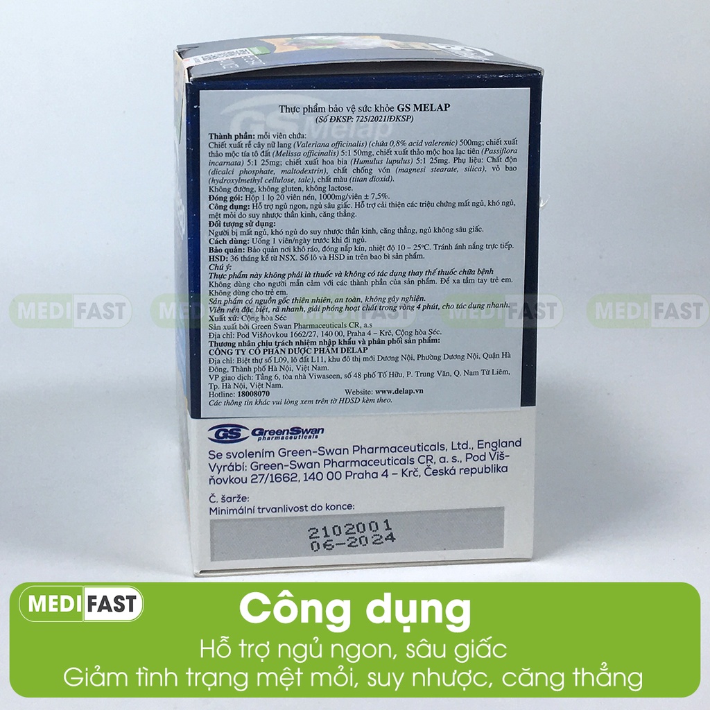 Giúp ngủ ngon, sâu giấc, an thần GS Melap từ thảo dược Lọ 20 viên giảm mất ngủ, căng thẳng - Nhập khẩu từ CHÂU ÂU