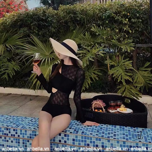 Đồ bơi nữ liền thân dài tay ren đen duyên dáng, hàng quảng châu, form chuẩn đẹp