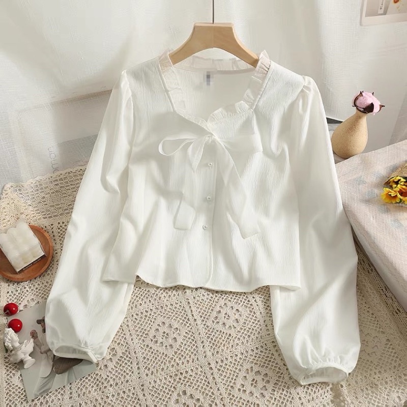 Áo sơ mi cổ tròn bèo nhún nơ croptop chất vải mát lạnh phong cách hàn quốc vintage dịu dàng hiện đại
