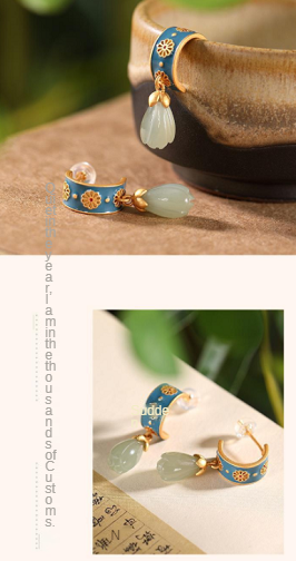 [Gufeng jade, orchid Earrings] 6by-2021 original S925 pure silver gilded oil dripping Hotan jade Gufeng creative high-end personality yulanhua earrings earrings for women