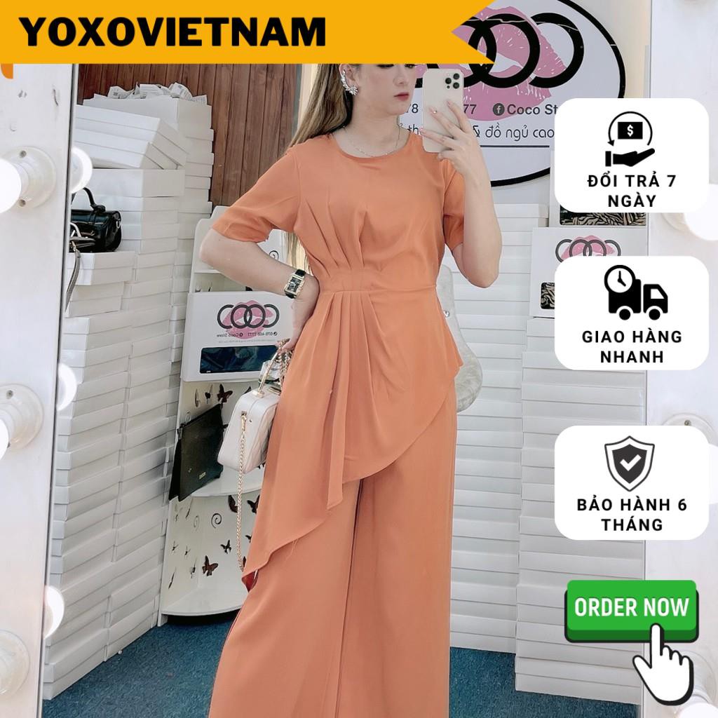 Set áo tà xéo xếp ly eo + quần ống suông màu cam - LS22