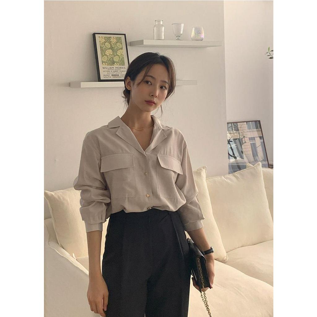 Áo Sơ Mi Dài Tay Cổ polo Phối Túi Đôi Kiểu Vintage Pháp Sành Điệu 55567