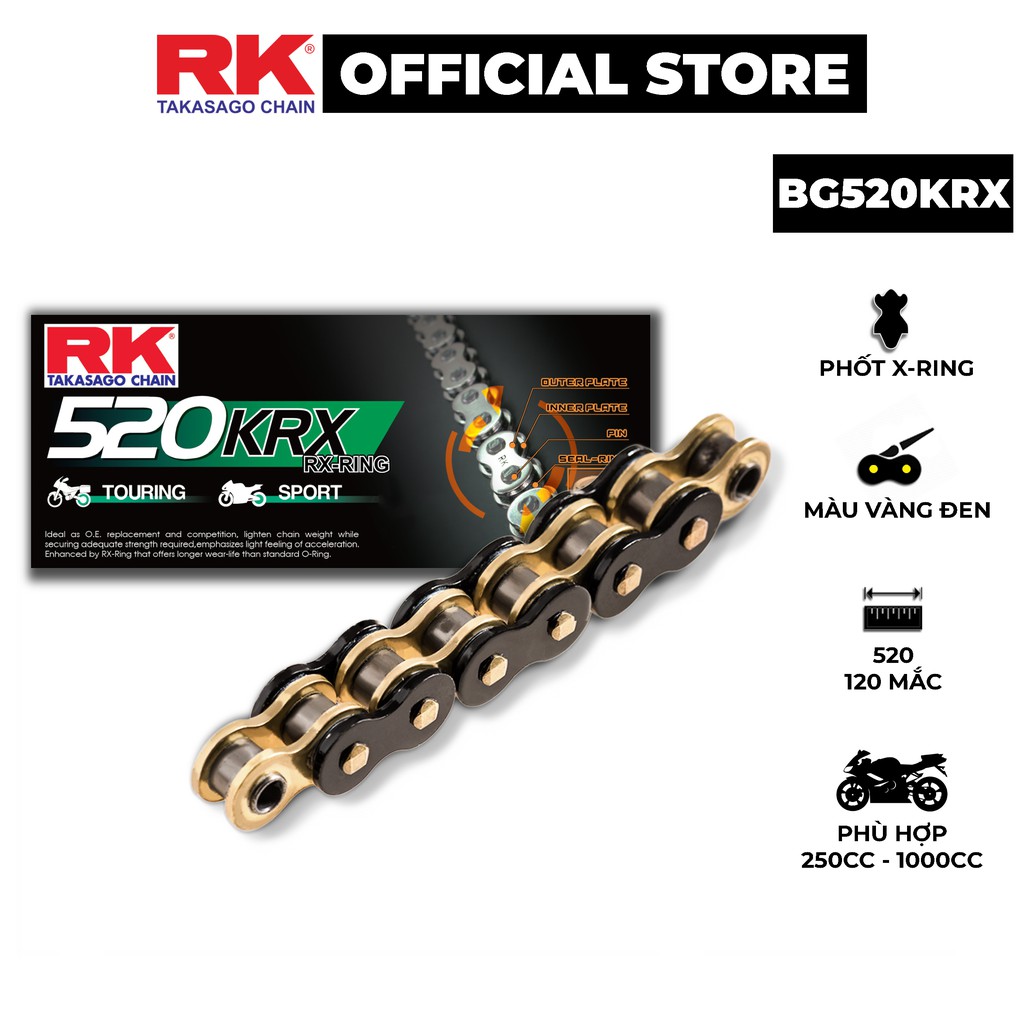 Sên xe phân khối lớn RK Takasago chain mã BG-520-KRX, màu vàng đen, phốt cao su X-ring, kích thước 520, 120 mắc sên