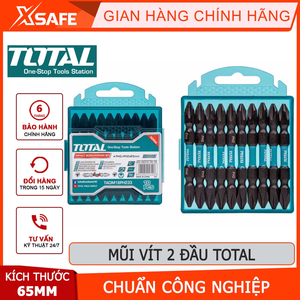 Bộ mũi bắt vít 2 đầu có từ TOTAL TACIM16PH233 | bộ 10 mũi siết vít PH2+PH2x65mm thép công nghiệp S2 tháo, siết vít nhanh