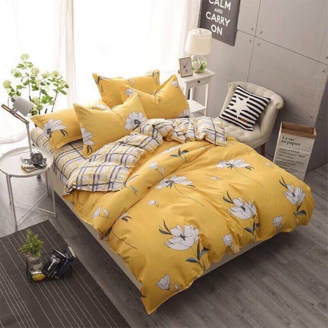 Set ga gối chăn poly cotton nhập hoa vàng