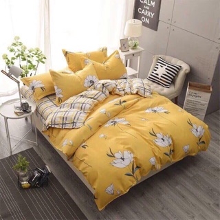 Set ga gối chăn poly cotton nhập hoa vàng