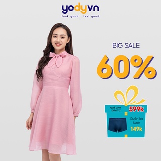 Đầm tơ cổ nơ Yody vải lụa siêu xinh-VDN4098
