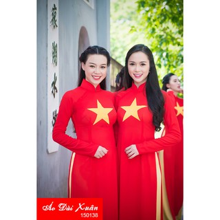 Áo dài cờ đỏ sao vàng - kiểu áo dài nền đỏ sao vàng có cổ 3cm tà A chất vải co giãn - 150138
