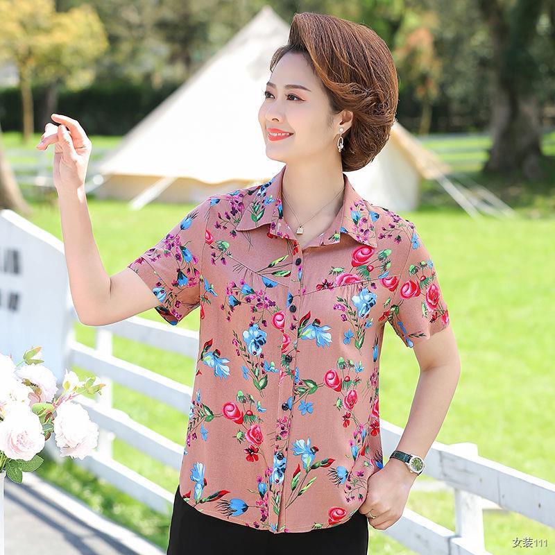 trung niên và Người lớn tuổi size Phụ nữ mùa hè mặc áo sơ mi ngắn tay in bà ngoại 60 cardigan