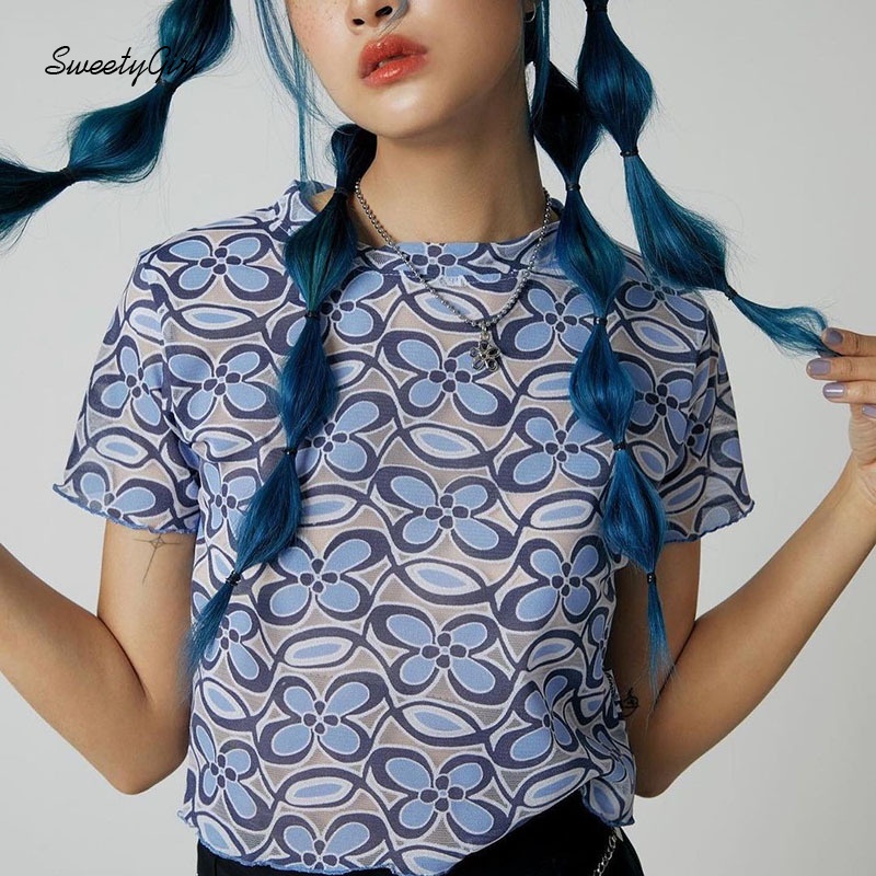 Áo croptop Ngắn Tay Cổ Tròn In Hoa Thời Trang Cho Nữ