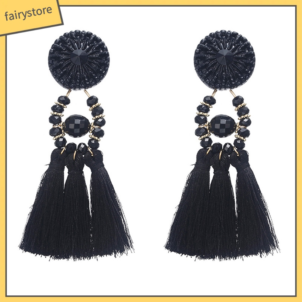 Khuyên Tai Chuỗi Đính Hạt Nhựa Phối Tua Rua Phong Cách Bohemian