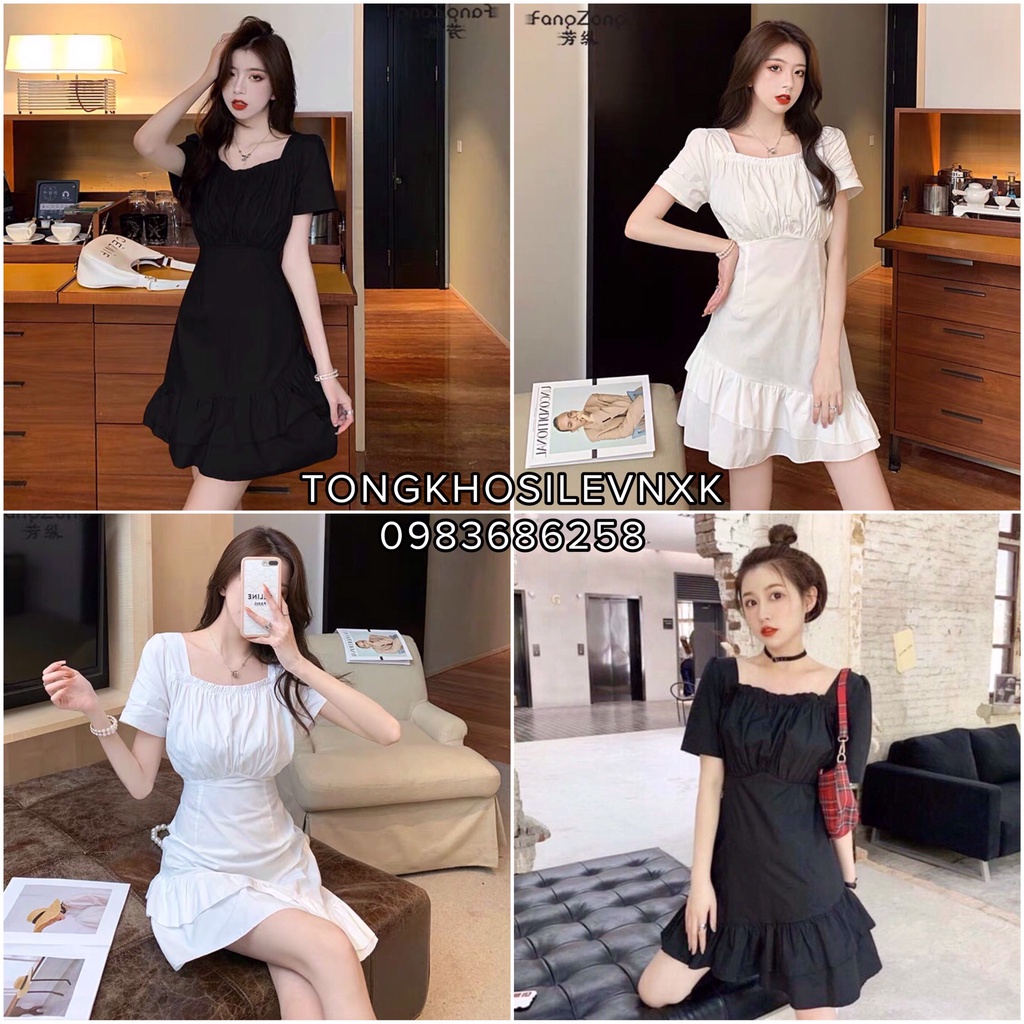 Đầm Nữ Cổ Vuông Đuôi Cá Phong Cách Retro Đen Trắng - Váy Trễ Vai Buộc Nơ Sau Mặc 2 Kiểu Bèo Tầng