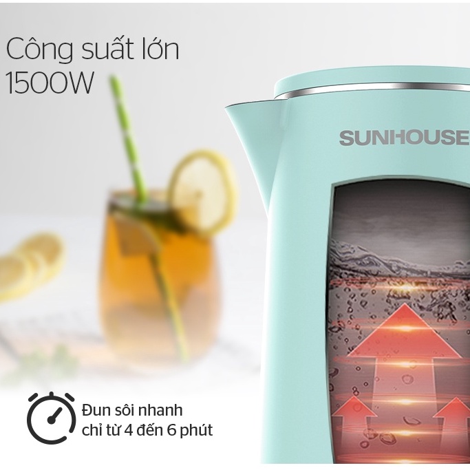 Ấm siêu tốc Inox 2 lớp Sunhouse dung tích 1.8 lít, bình đun nước mini tự ngắt khi nước sôi và cạn nước - HAPOS