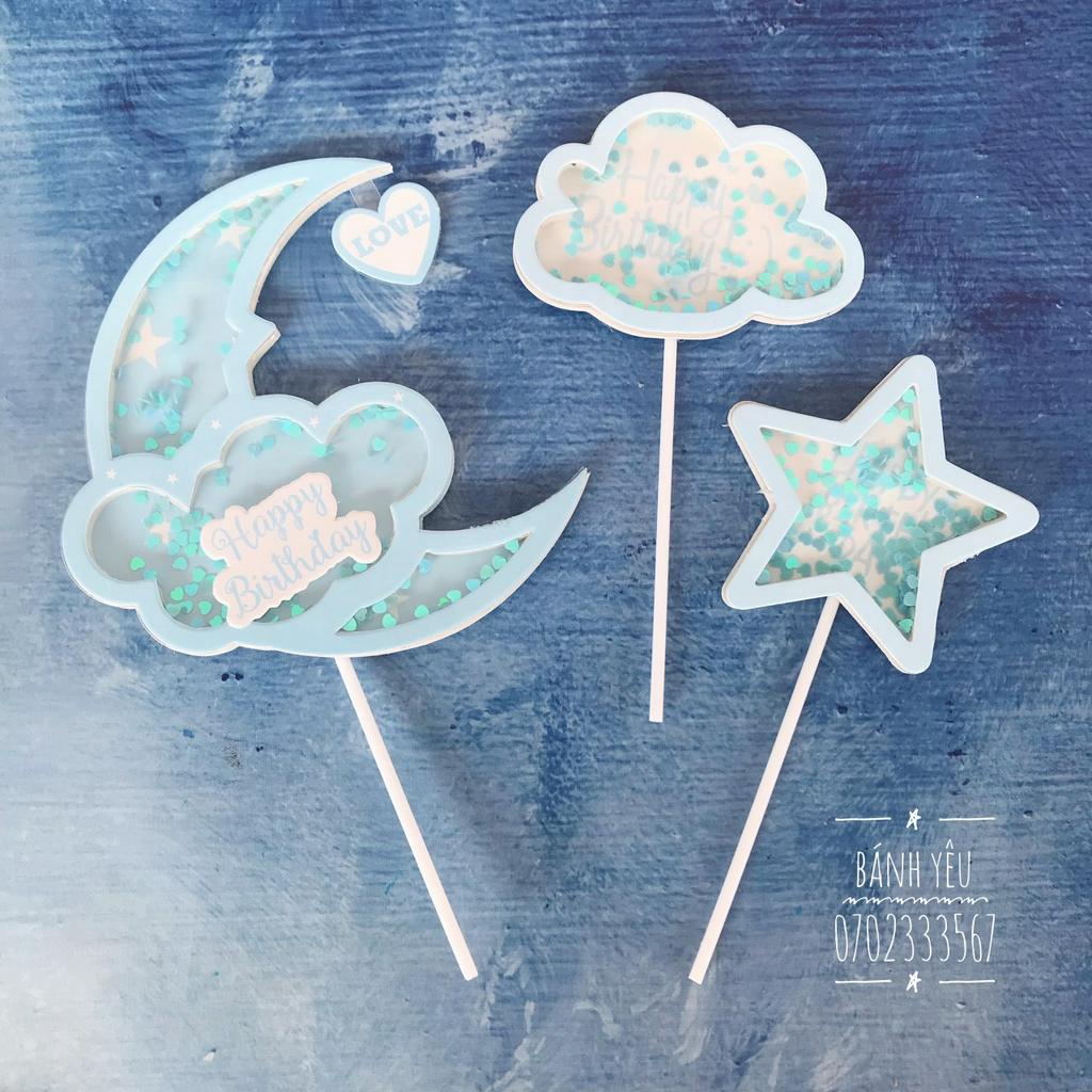 Que cắm bánh trang trí trăng sao mây lấp lánh tự chọn