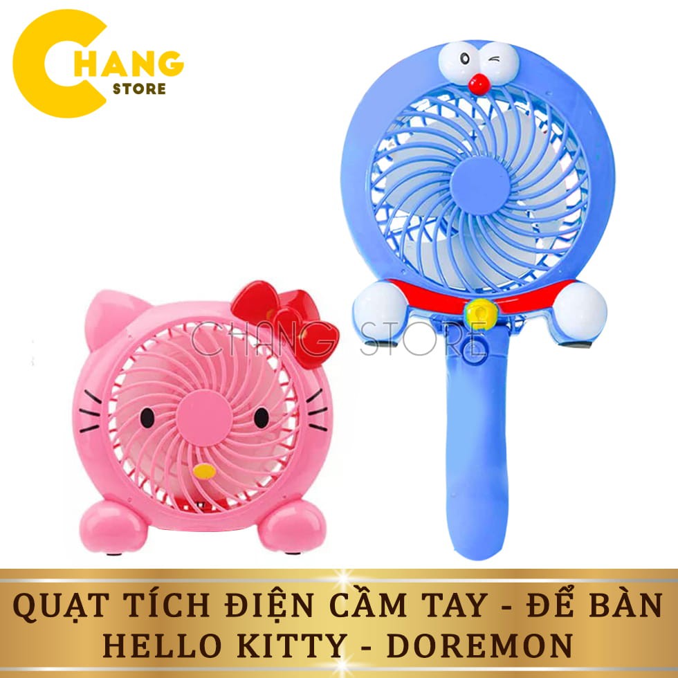 Quạt Tích Điện Cầm Tay, Quạt Mini Để Bàn Có Kèm Đèn Họa Tiết Hello Kitty, Doremon Siêu Hot