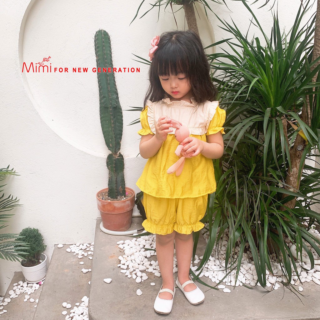 Set bộ bé gái đũi tơ cộc tay chất liệu mềm mịn sành điệu - Bộ đũi bé gái phối tay bèo