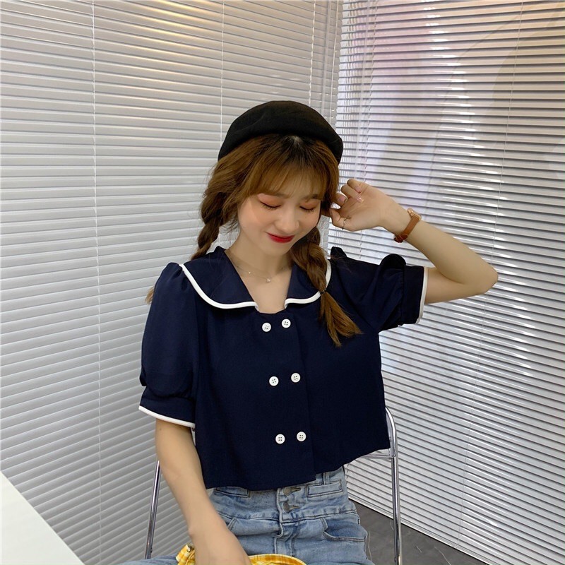 ÁO KIỂU SƠ MI CROPTOP TAY PHỒNG ULZZANG HẢI QUÂN [ORDER]