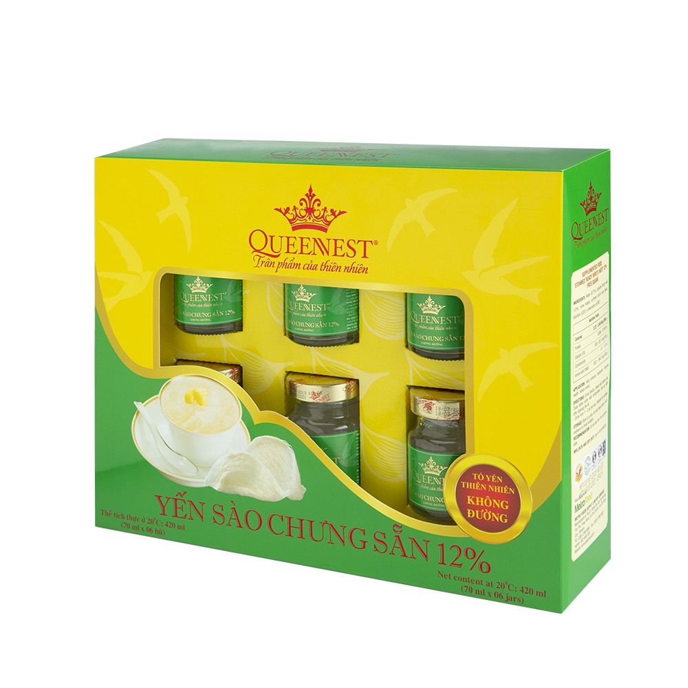 Yến sào chưng sẵn QUEENNEST 12% Không đường (Hộp 6 Hũ x 70ml)