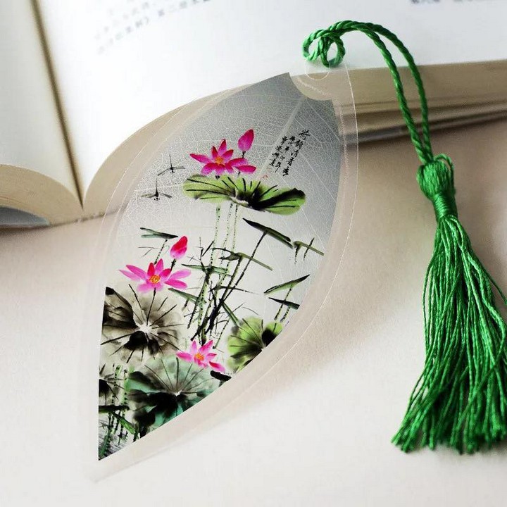 Bookmark gân lá ép mỏng cổ trang dây tuyến đánh dấu trang