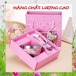 Bộ bát ăn trẻ em đủ bộ: Bát, Đũa KITTY - Bé ăn dặm chất liệu INOX SIÊU BỀN