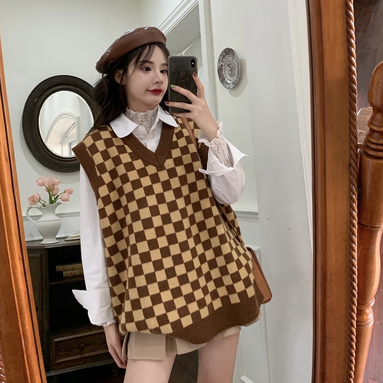 Áo len gile nữ hàn quốc kẻ CARO 2021, áo gile len nữ chất đẹp thời trang thu đông | BigBuy360 - bigbuy360.vn