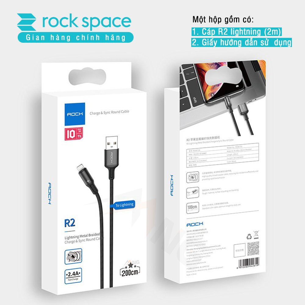 Dây Sạc iPhone Chính Hãng 2 mét Rockspace R2 dây dù màu đen, sạc nhanh, ổn định, không nóng, BH 1 năm 1 đổi 1