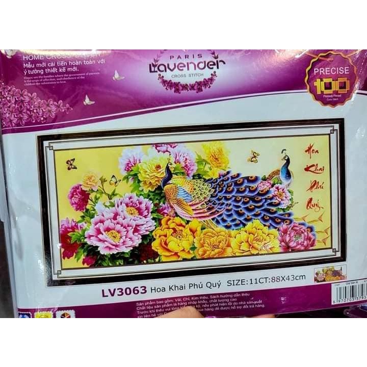 Tranh thêu chữ thập hoa khai phú quý KT:88x43cm,tranh chưa thêu.Tặng kéo và xỏ chỉ.