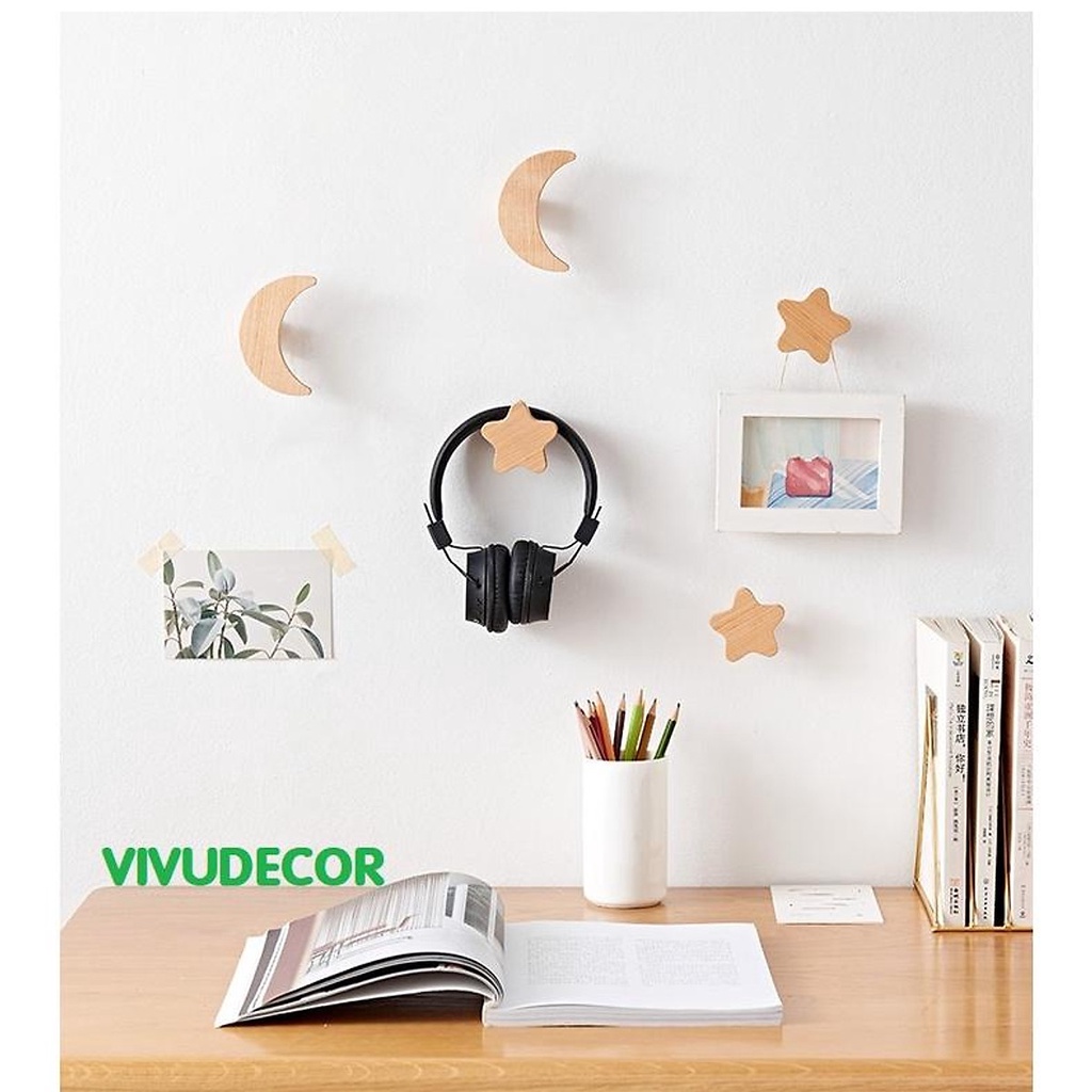 Bộ Móc Treo Đồ Hình Trăng Sao Mây 100% Màu Gỗ Tự Nhiên Đa Năng Trang Trí Phòng Siêu Xinh Vừa Dán Vừa Khoan Bắt Vít Móc