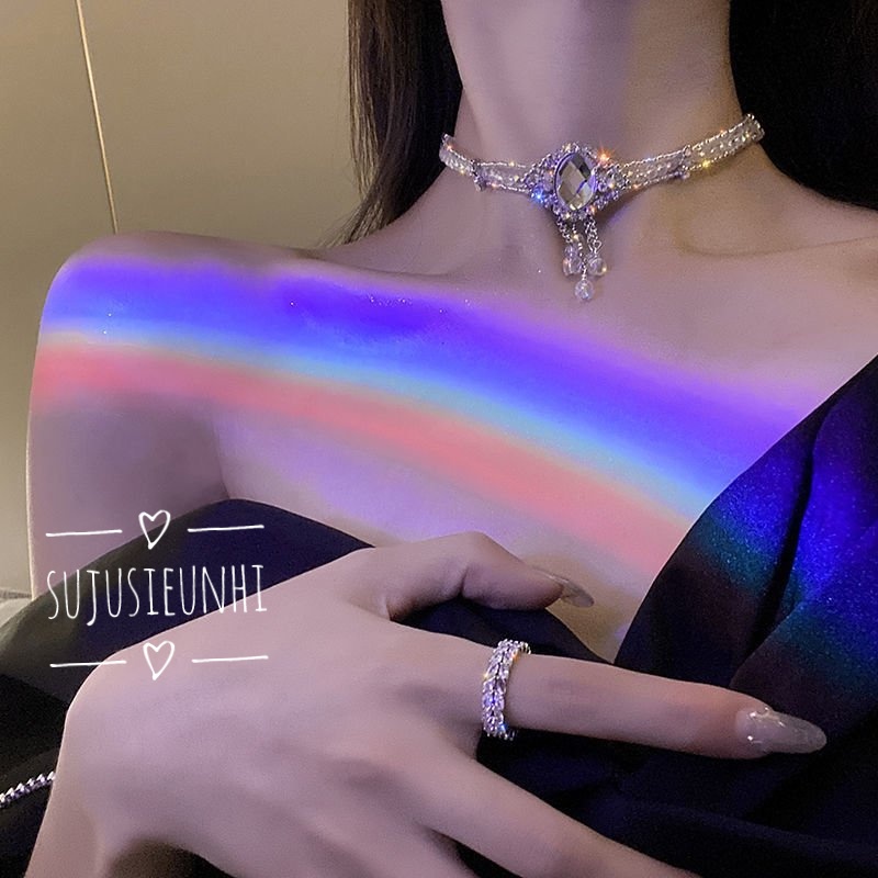 (Có video)Vòng cổ choker mặt tròn đá thả tua rua nhiều lớp nữ tính