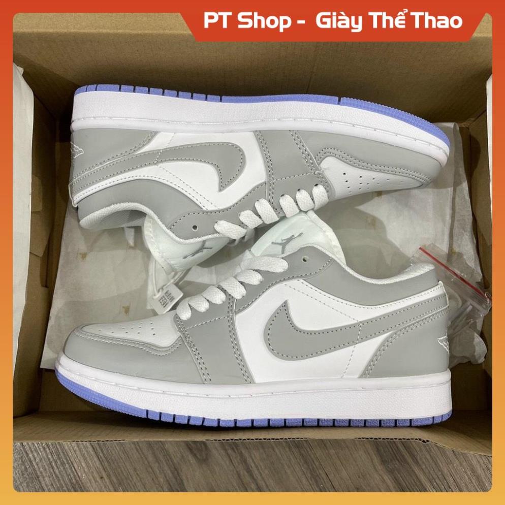 Giày Jordan xám trắng thấp cổ đủ phụ kiện , Giầy sneaker thể thao JD1 ghi đế tím